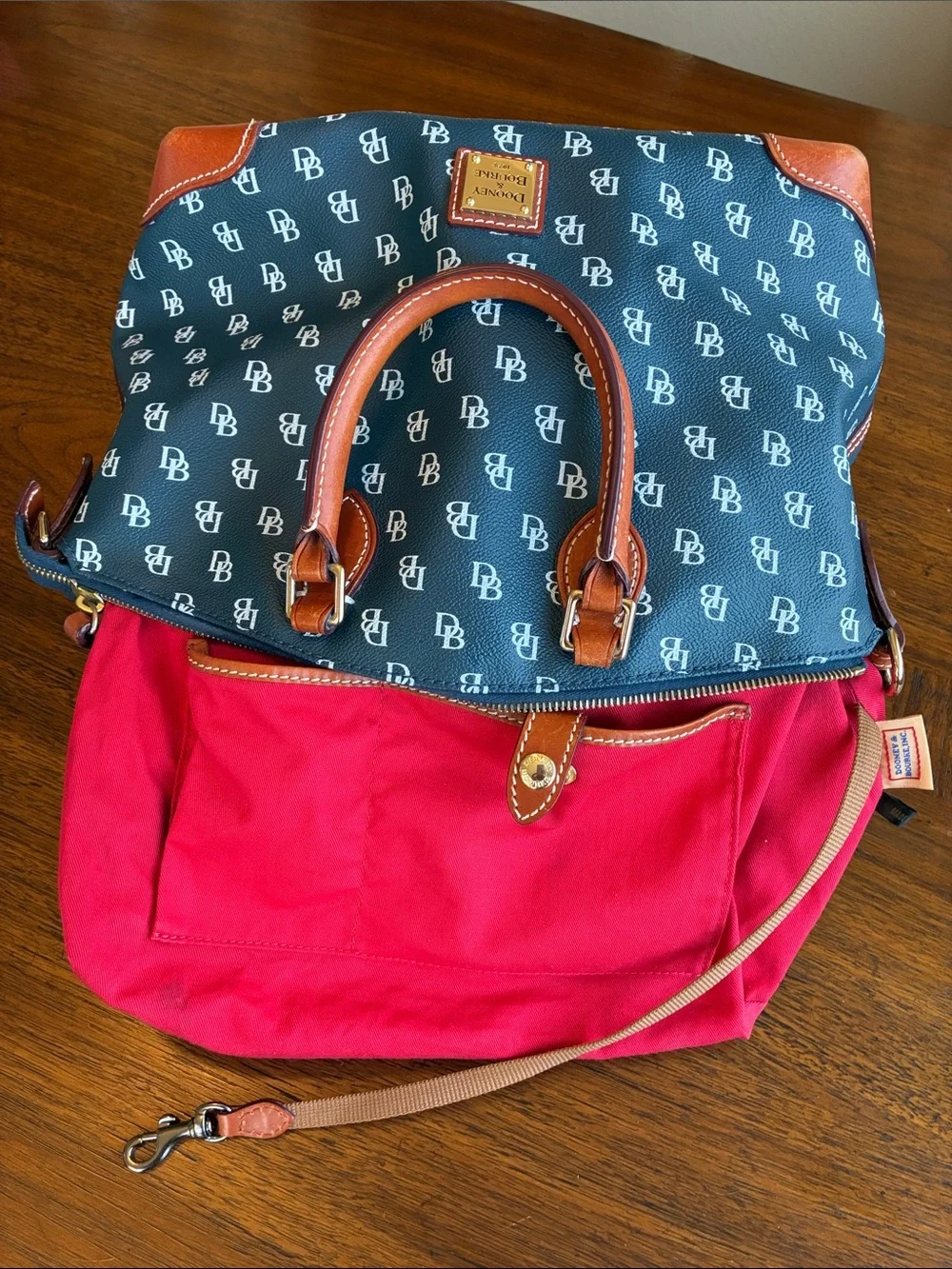 Dooney & Bourke Large Signature Monogram Zip Satchel Navy Blue & White Leather